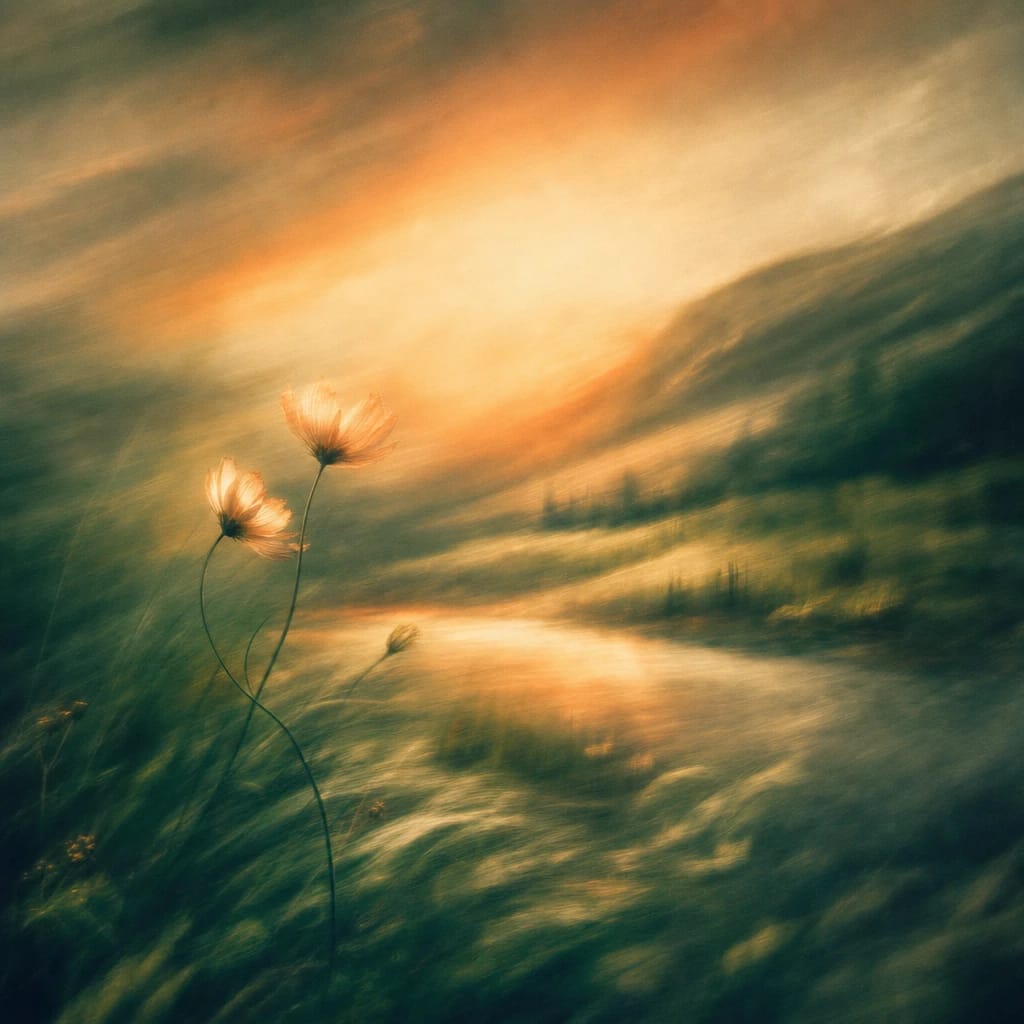 Stylized scene featuring two intertwined wildflowers against a sunlit meadow backdrop, rendered in deep forest green, off-white, and warm orange