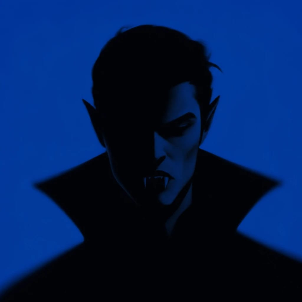 Stylized scene featuring a classic vampire face with sharp fangs and a mysterious expression, rendered in #004CB6