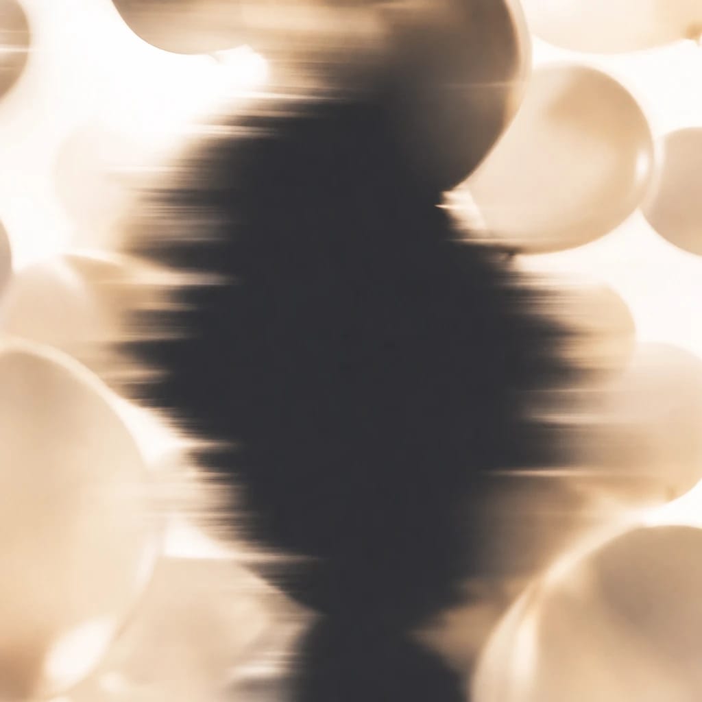 Stylized scene featuring a bright, balloon-filled scene, balloons slightly out of focus, rendered in off-white, orange