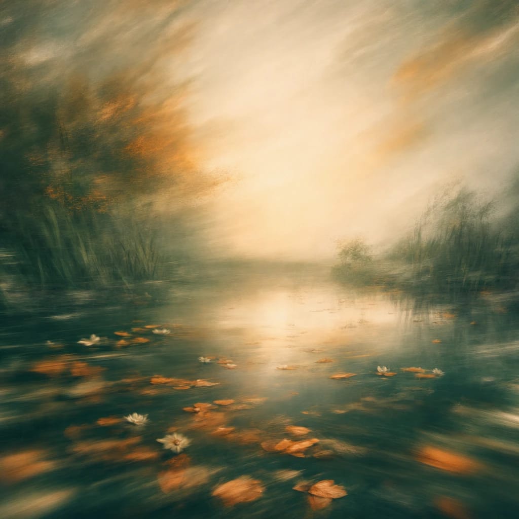 Stylized scene featuring misty wetland at dawn, with fallen leaves and calm, reflective water, rendered in deep forest green, off-white, and warm orange