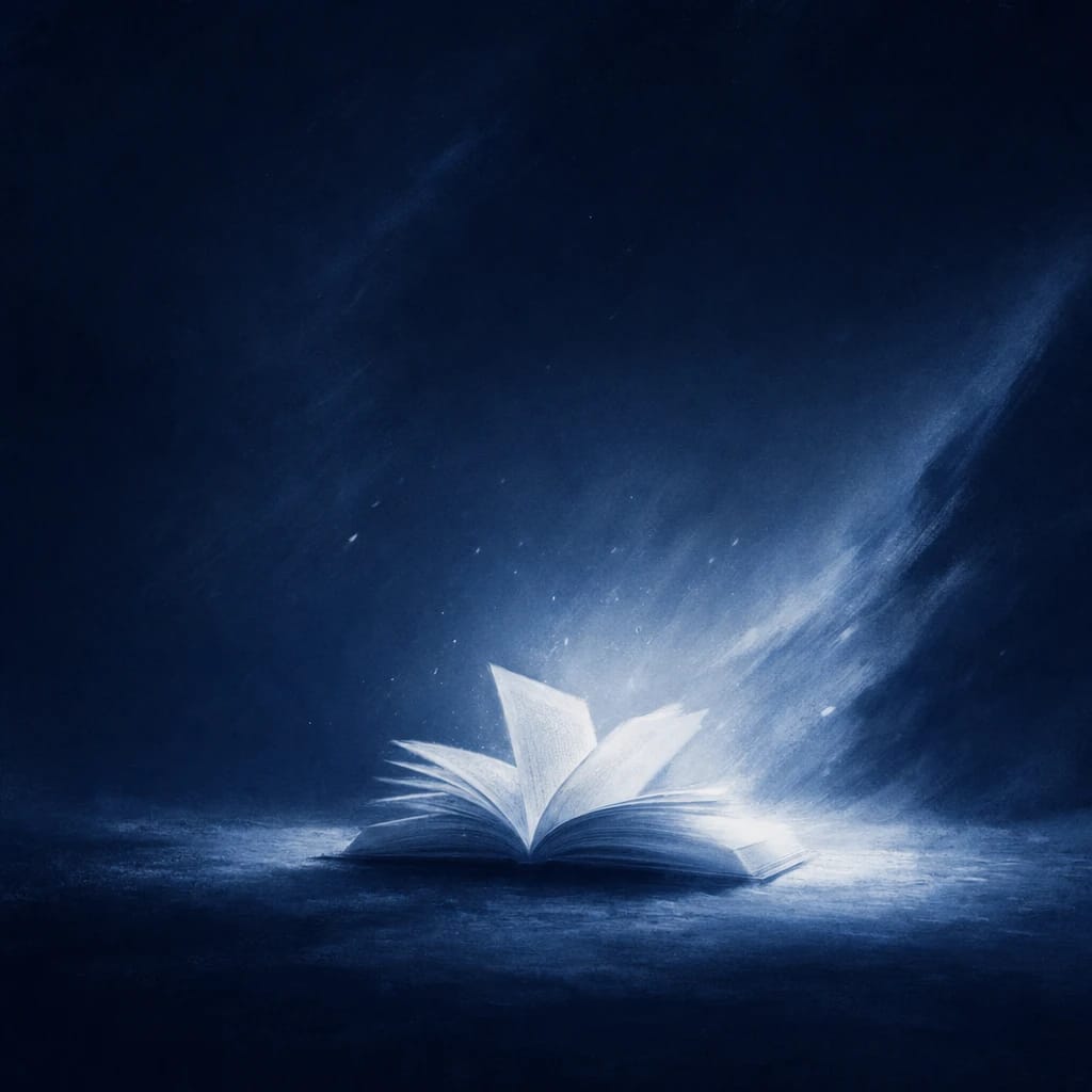 Stylized scene featuring a gently illuminated book with soft pages slightly turning, rendered in #DFE8F3 and #020A2F