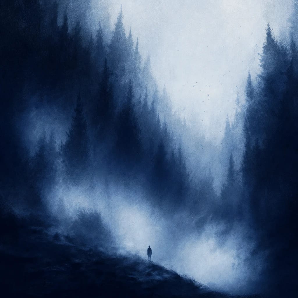 Stylized scene featuring a shadowy figure standing in a misty forest, rendered in #DFE8F3 and #020A2F