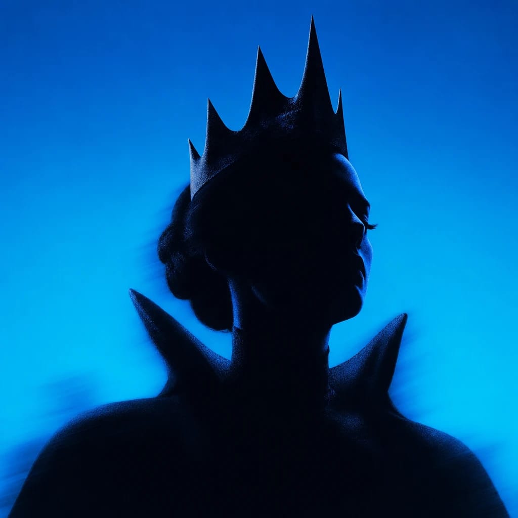 Stylized scene featuring a regal, sinister queen with a crown, dramatic lighting, rendered in #004CB6