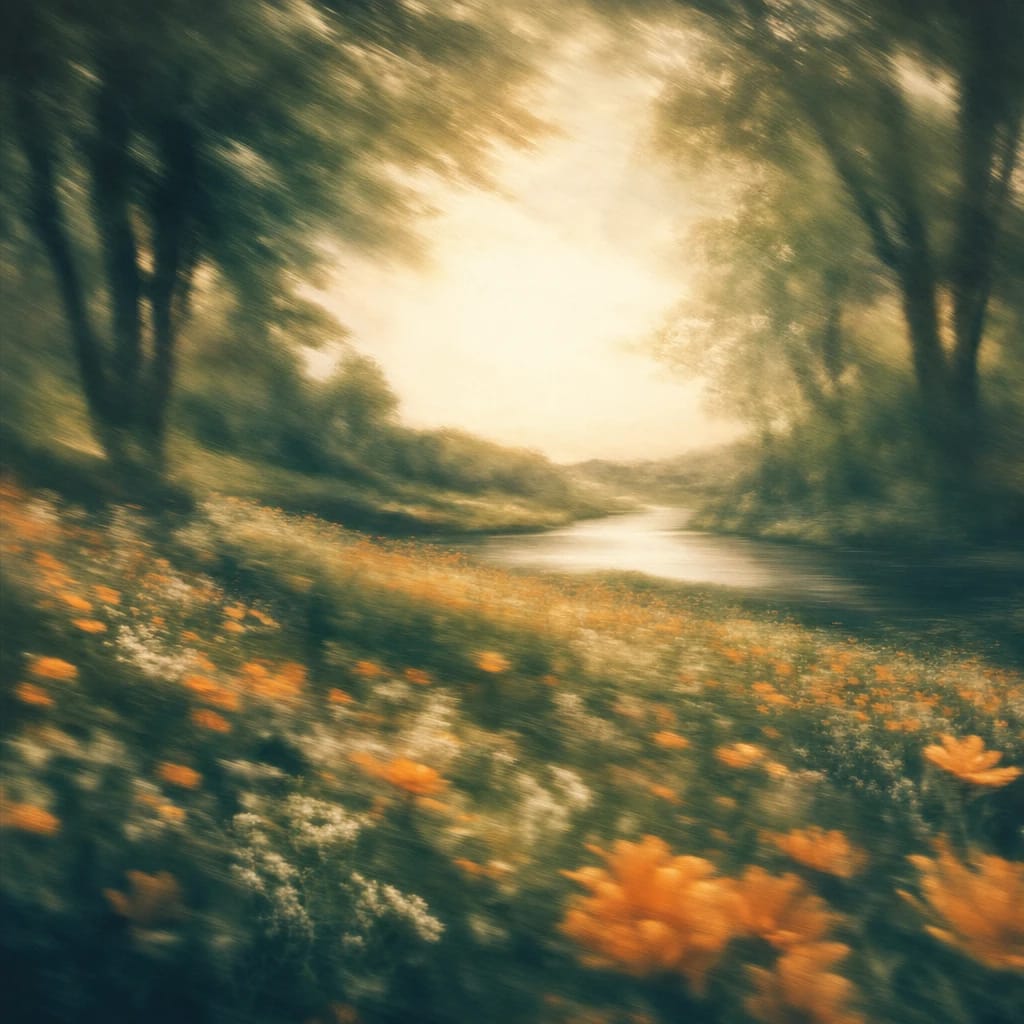 Stylized scene featuring sunlit grove with towering trees and bold, vibrant wildflowers, rendered in deep forest green, off-white, and warm orange