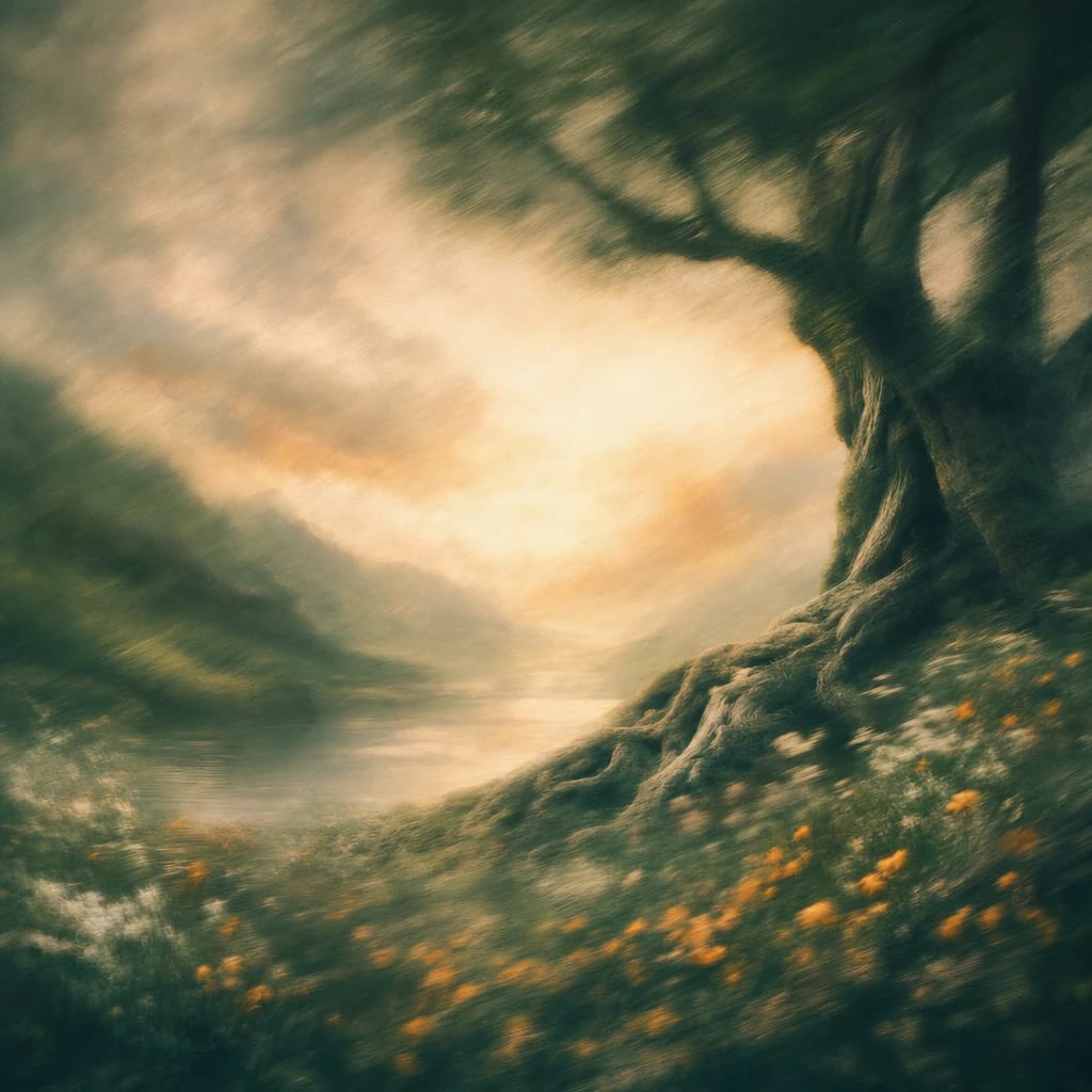 Stylized scene featuring ancient tree with gnarled roots and weathered bark under a soft, muted sky, rendered in deep forest green, off-white, and warm orange