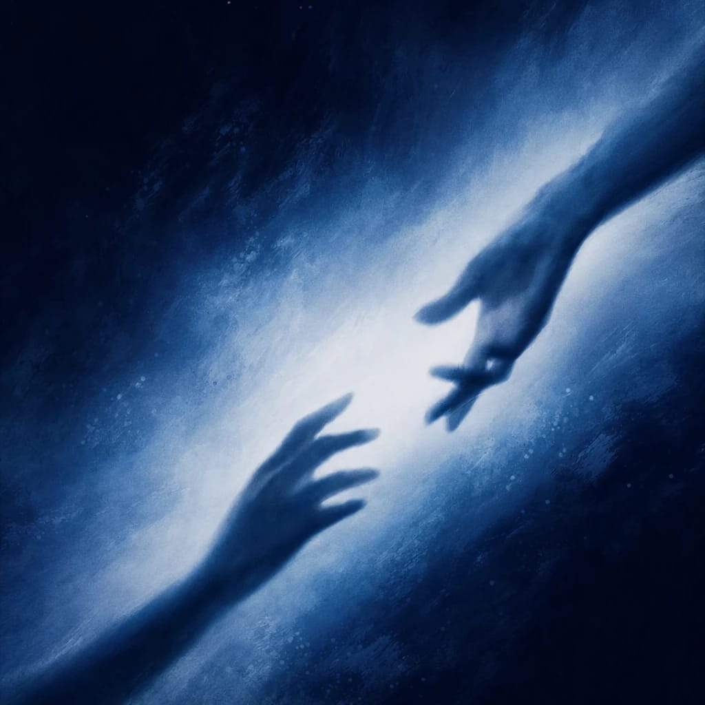 Stylized scene featuring two hands reaching towards each other, softly blurred, rendered in #DFE8F3 and #020A2F