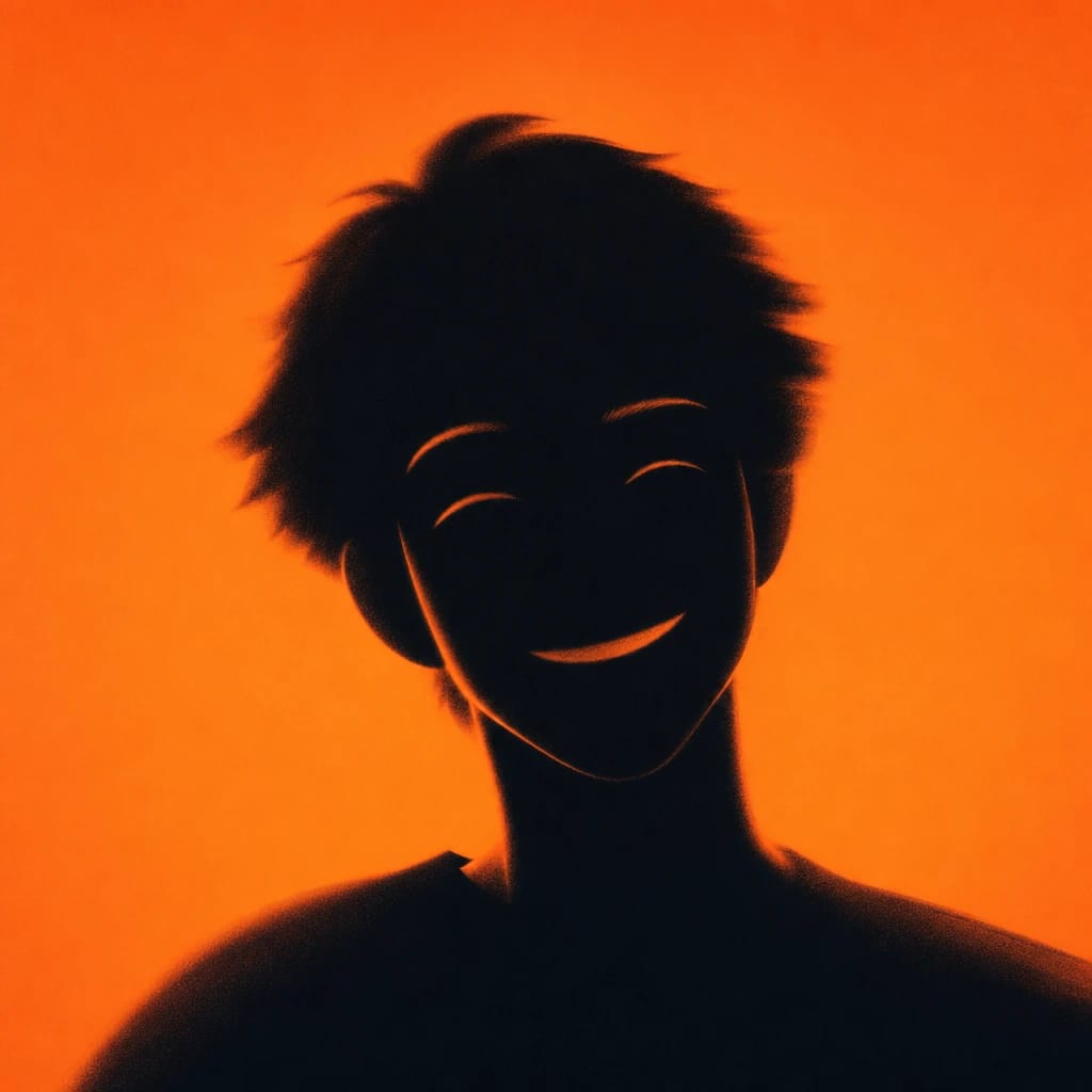 Stylized scene featuring a smiling animated face, softly glowing, rendered in #F76D3F