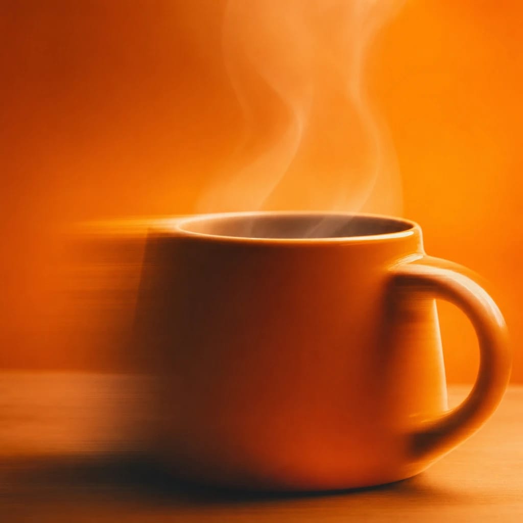 Stylized scene featuring a steaming mug on a low table, soft focus, rendered in off-white, light gray