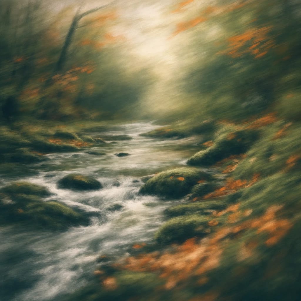 Stylized scene featuring a swiftly flowing forest stream with mossy rocks and scattered orange leaves, rendered in deep forest green, off-white, and warm orange