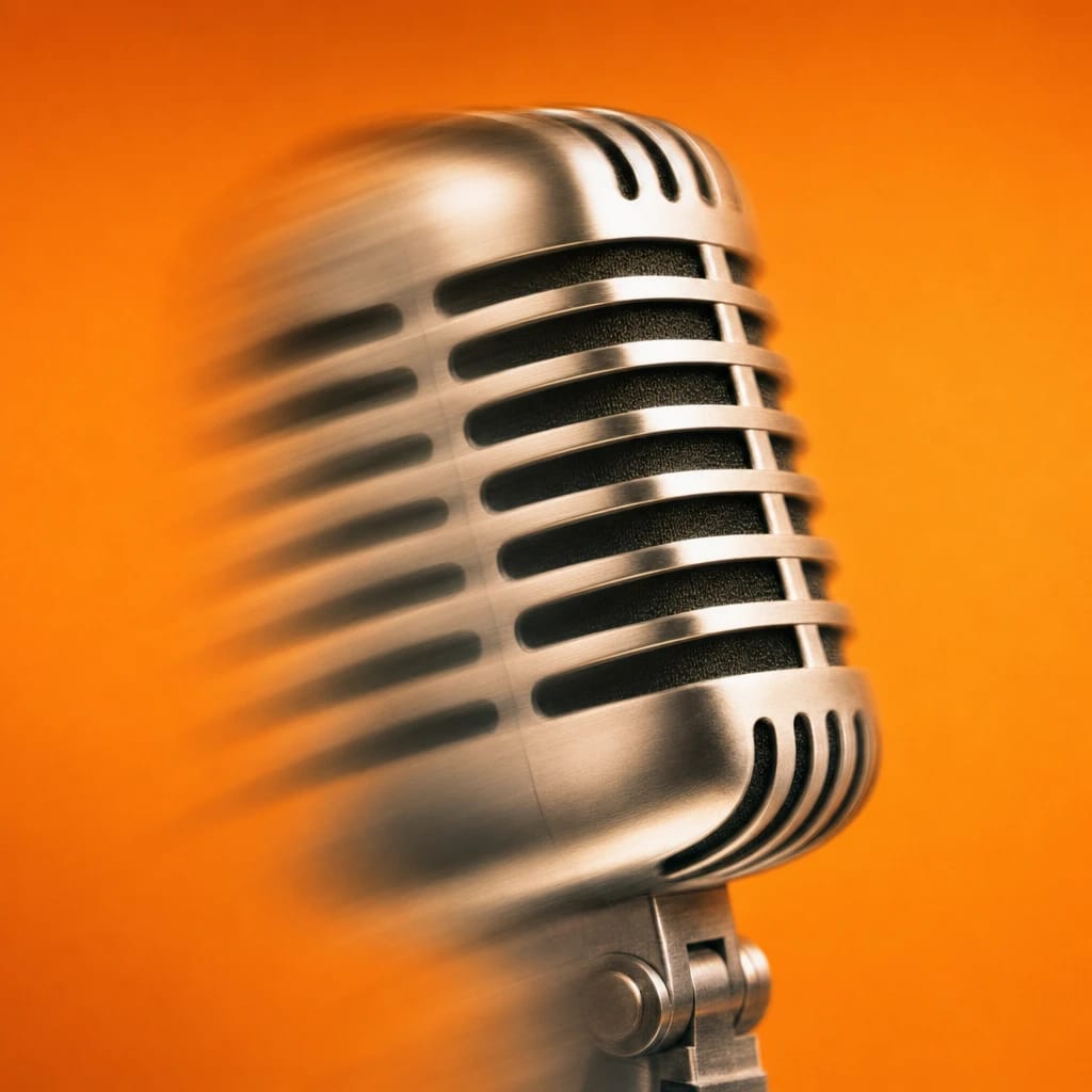 Stylized scene featuring a vintage microphone, softly blurred, rendered in deep green, gray