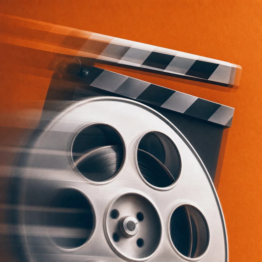 Stylized scene featuring a film reel and clapperboard, softly blurred, rendered in deep blue, gray