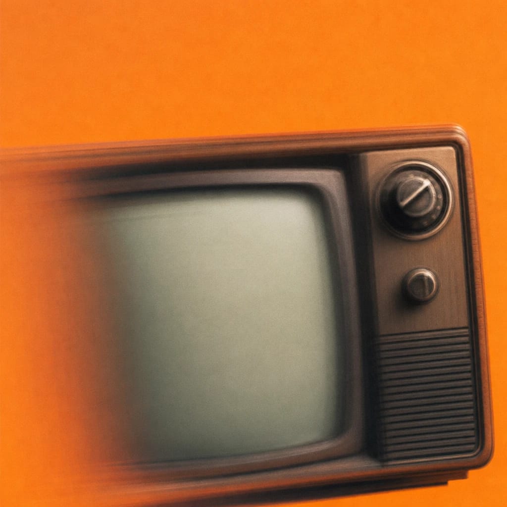 Stylized scene featuring a vintage television set, softly out of focus, rendered in blue, gray