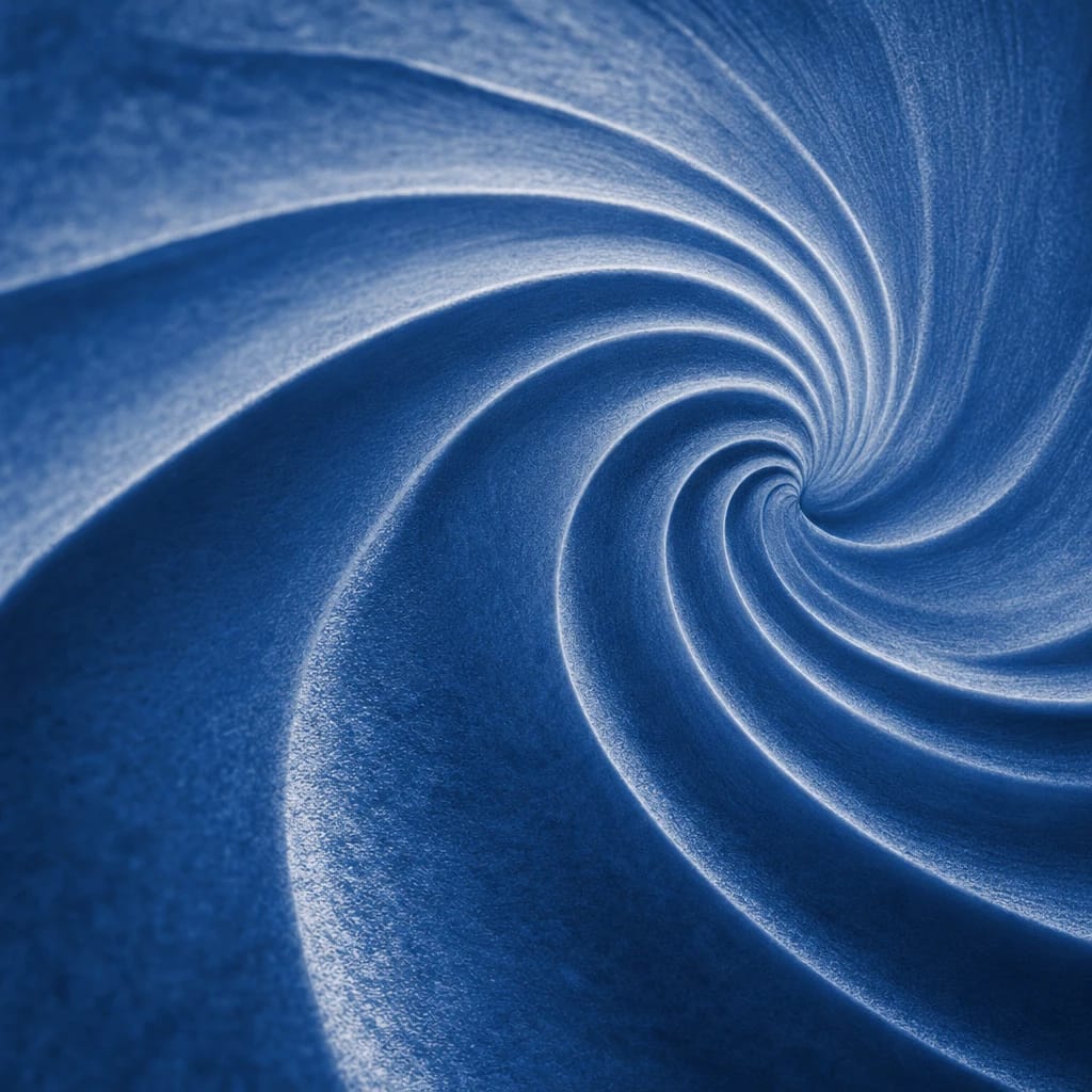 Stylized scene featuring the intricate spiral of a nautilus shell cross-section, rendered in cobalt blue #1E4FA3