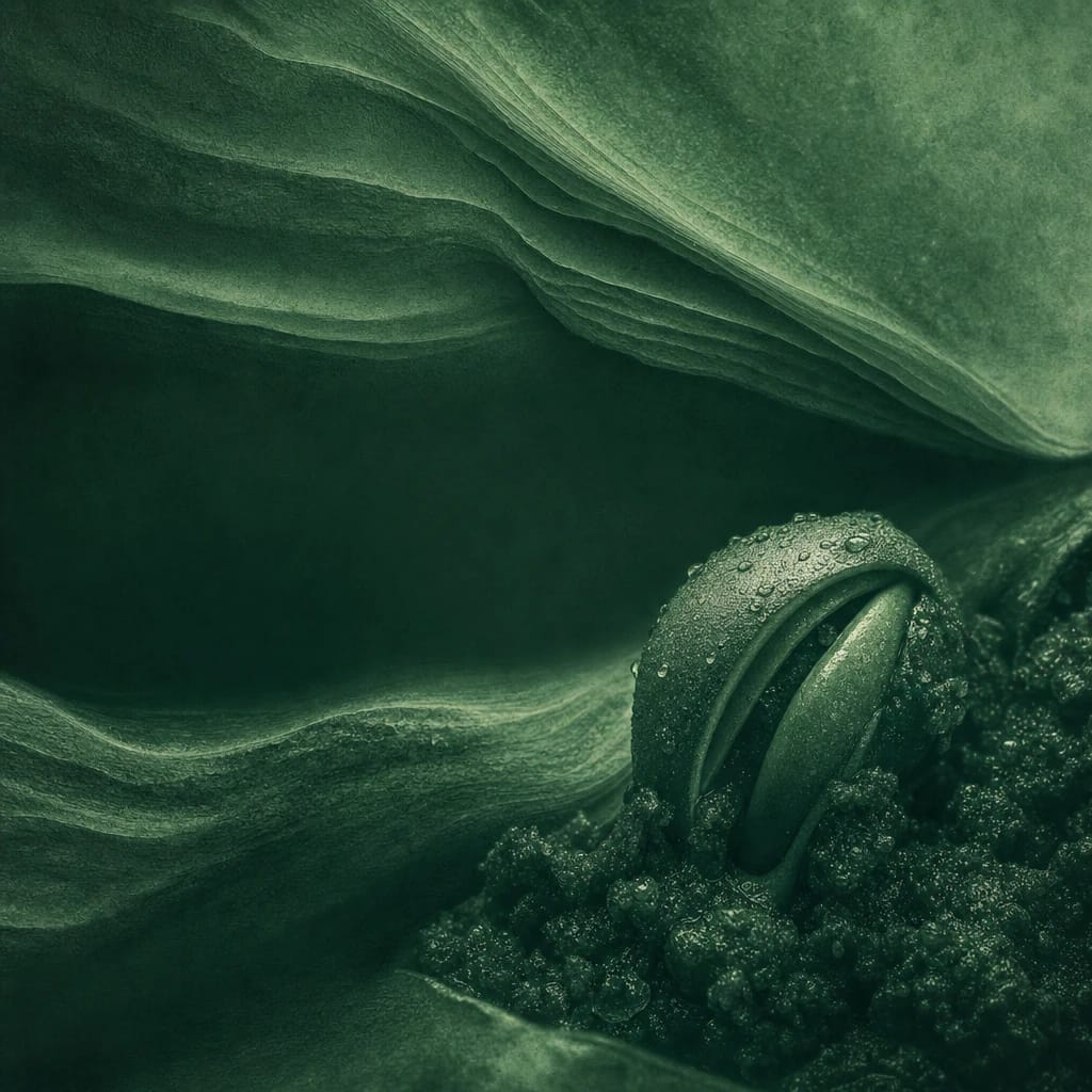 Stylized scene featuring sprouting seed encased in dewy soil, macro, rendered in forest green #214E3A
