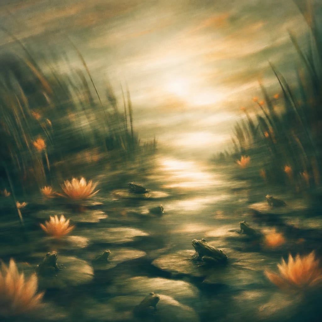 Stylized scene featuring dappled wetland reeds with clusters of frogs and shimmering lily pads, rendered in deep forest green, off-white, and warm orange