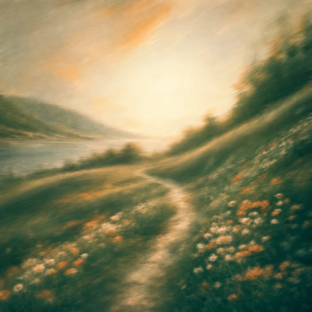 Stylized scene featuring a winding footpath through sun-dappled grass and scattered wildflowers, rendered in deep forest green, off-white, and warm orange