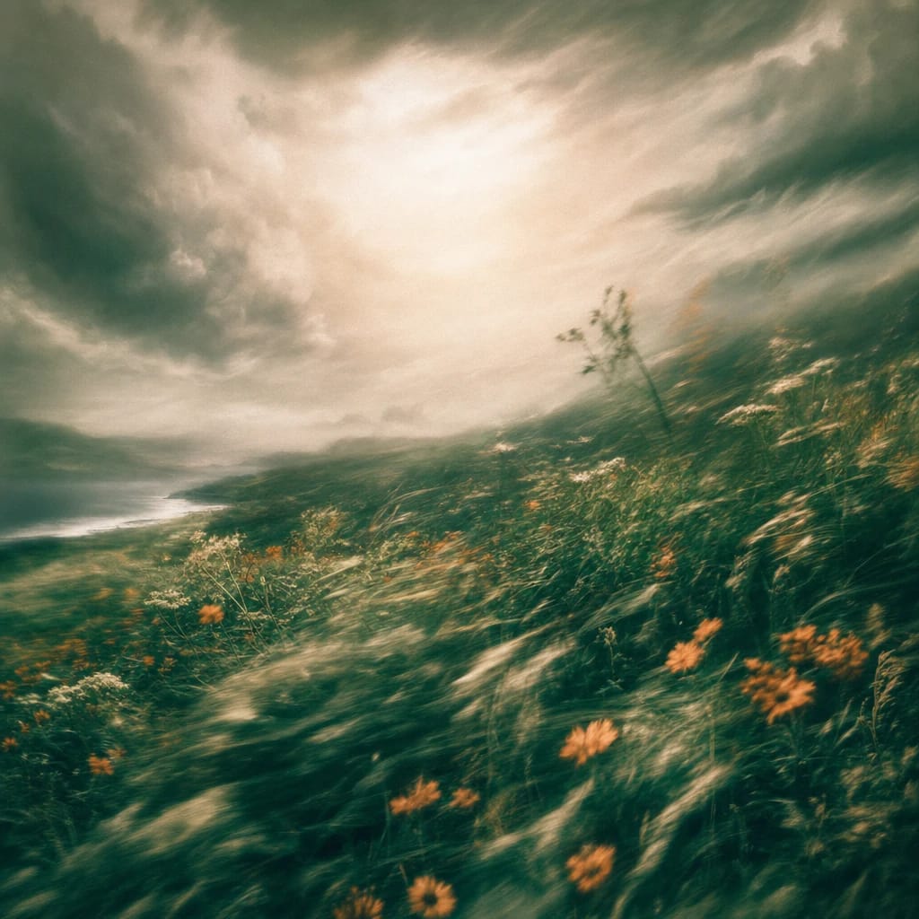 Stylized scene featuring dense, wind-whipped grass and tangled undergrowth under a stormy sky, rendered in deep forest green, off-white, and warm orange