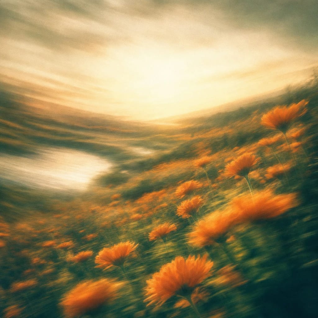Stylized scene featuring a sunlit field of orange marigolds with smiling petals facing the sky, rendered in deep forest green, off-white, and warm orange