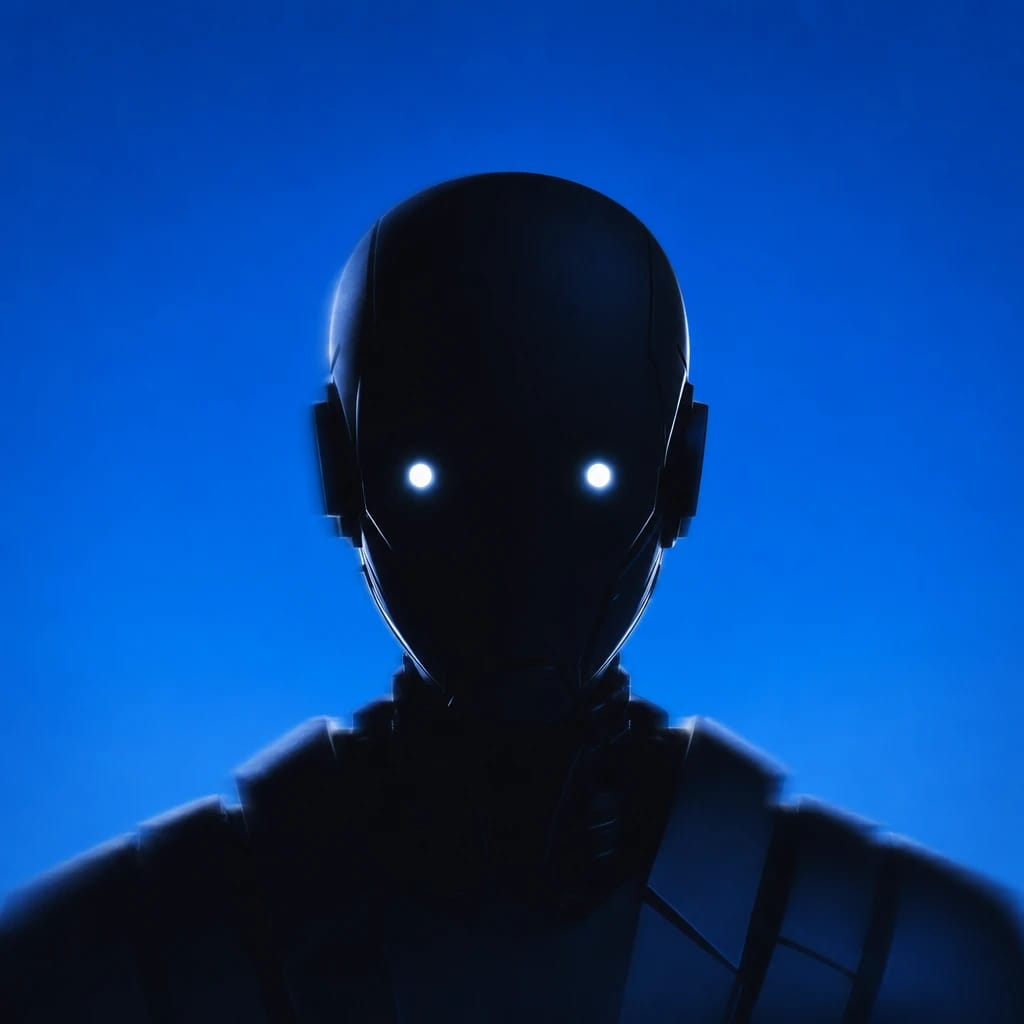 Stylized scene featuring a humanoid robot with glowing eyes, rendered in #004CB6