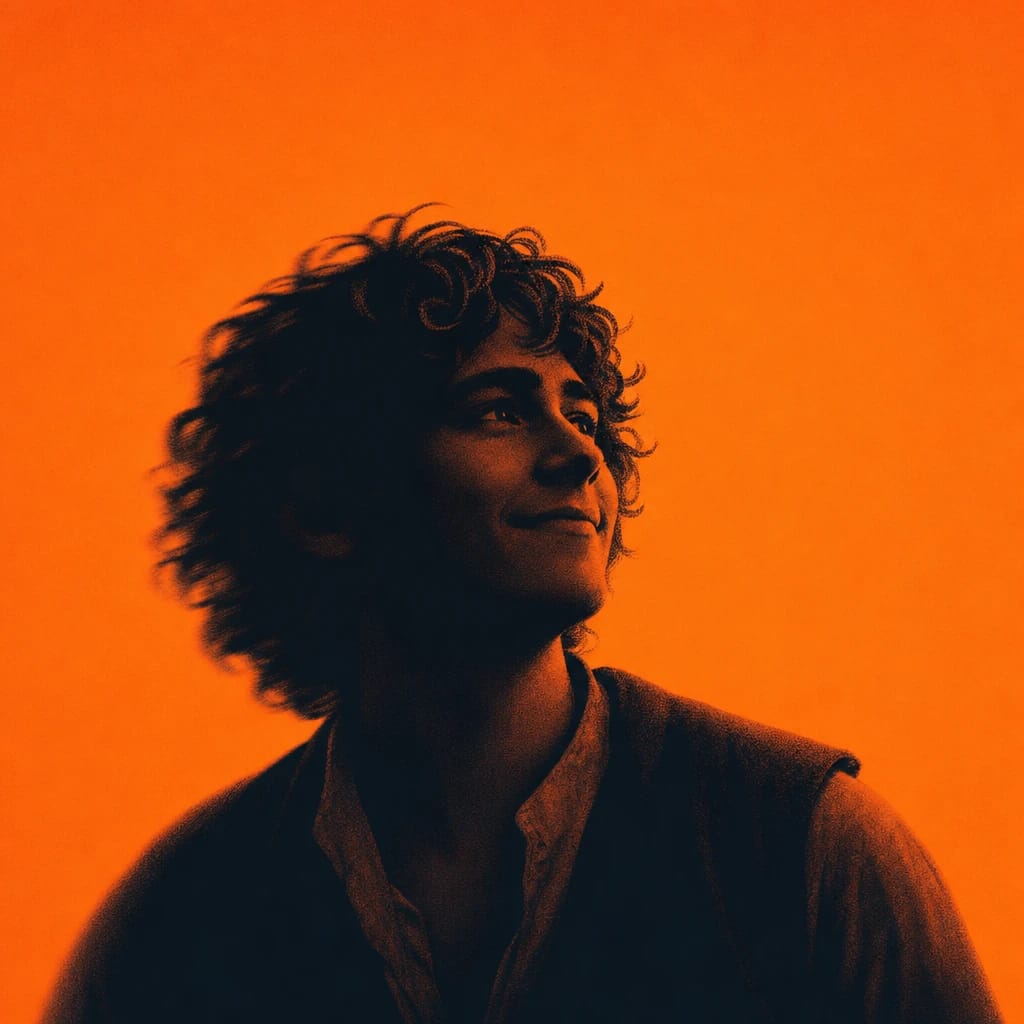 Stylized scene featuring a cheerful hobbit with curly hair, wearing simple rustic clothes, rendered in #F76D3F