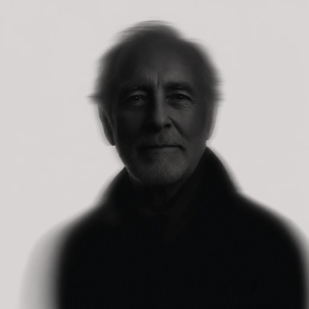 Stylized scene featuring an elderly man with kind eyes, in soft focus, rendered in #D7D5D5