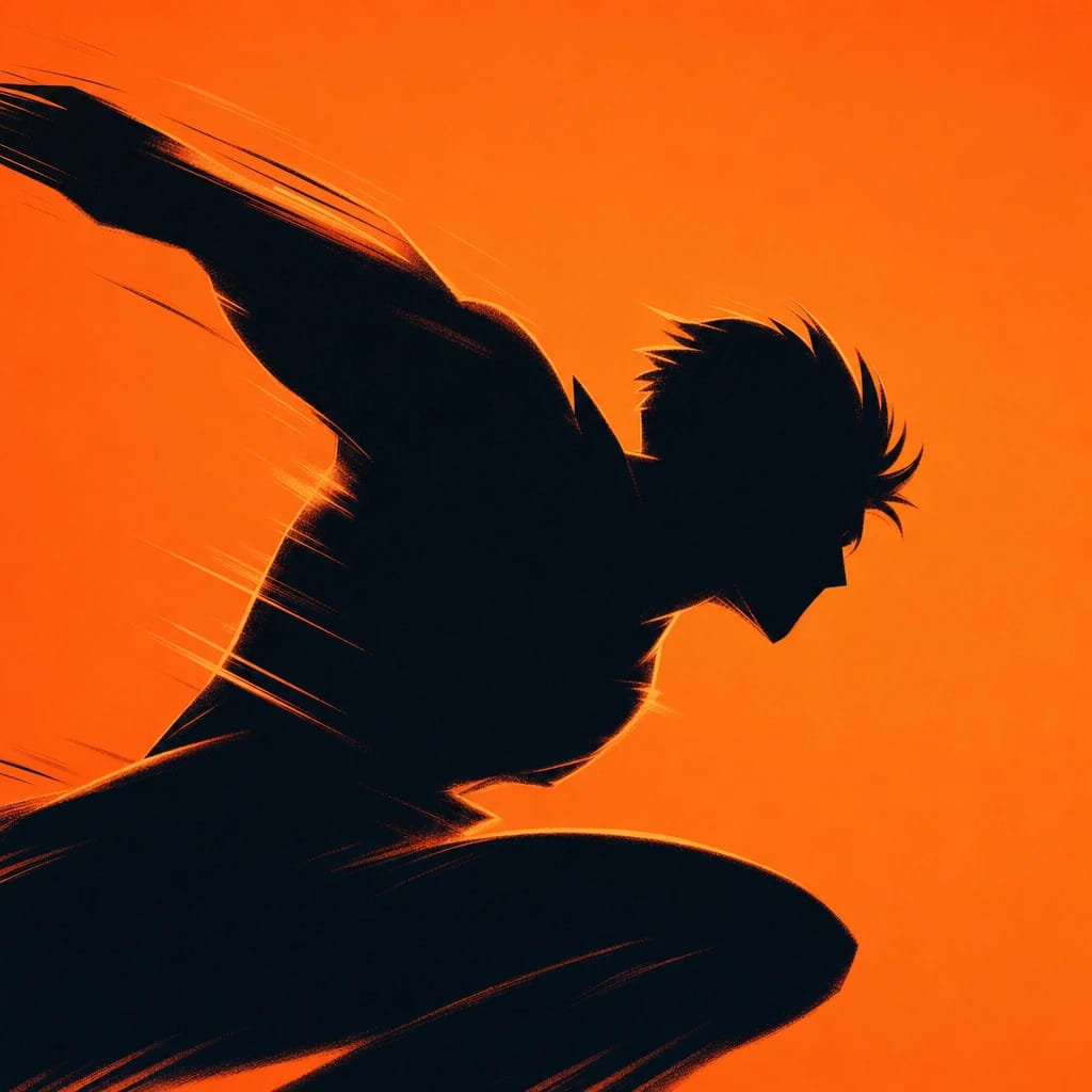 Stylized scene featuring a cartoon character mid-leap, outlined with dynamic motion lines, rendered in #F76D3F