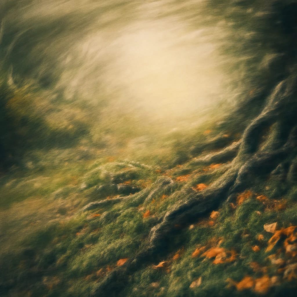 Stylized scene featuring mossy forest floor with fallen leaves and gnarled roots, rendered in deep forest green, off-white, and warm orange