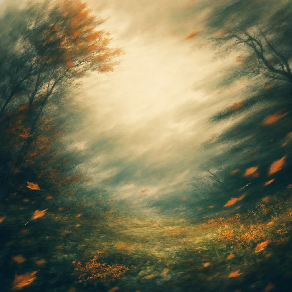 Stylized scene featuring a stormy forest clearing with wind-blown branches and scattered orange autumn leaves, rendered in deep forest green, off-white, and warm orange