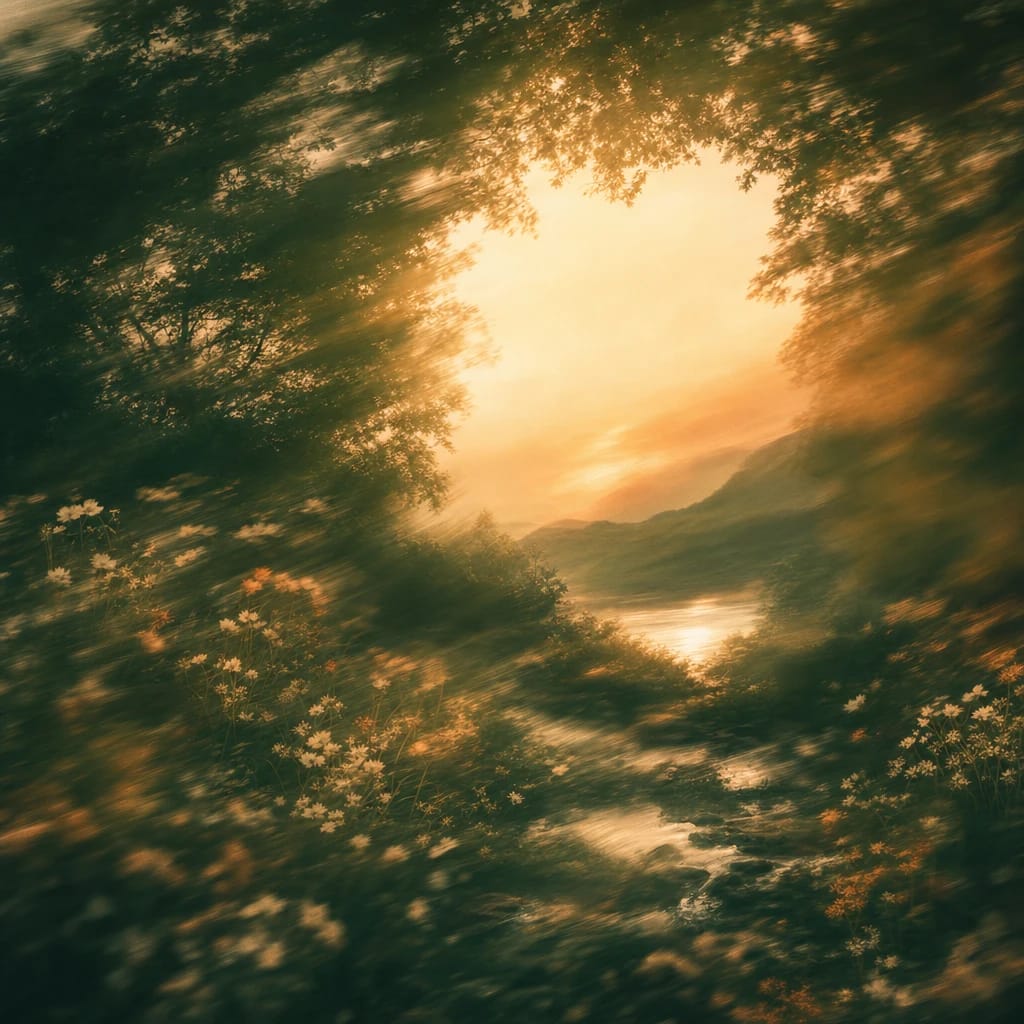 Stylized scene featuring twilight-lit forest canopy with warm sun rays filtering through dense leaves, rendered in deep forest green, off-white, and warm orange
