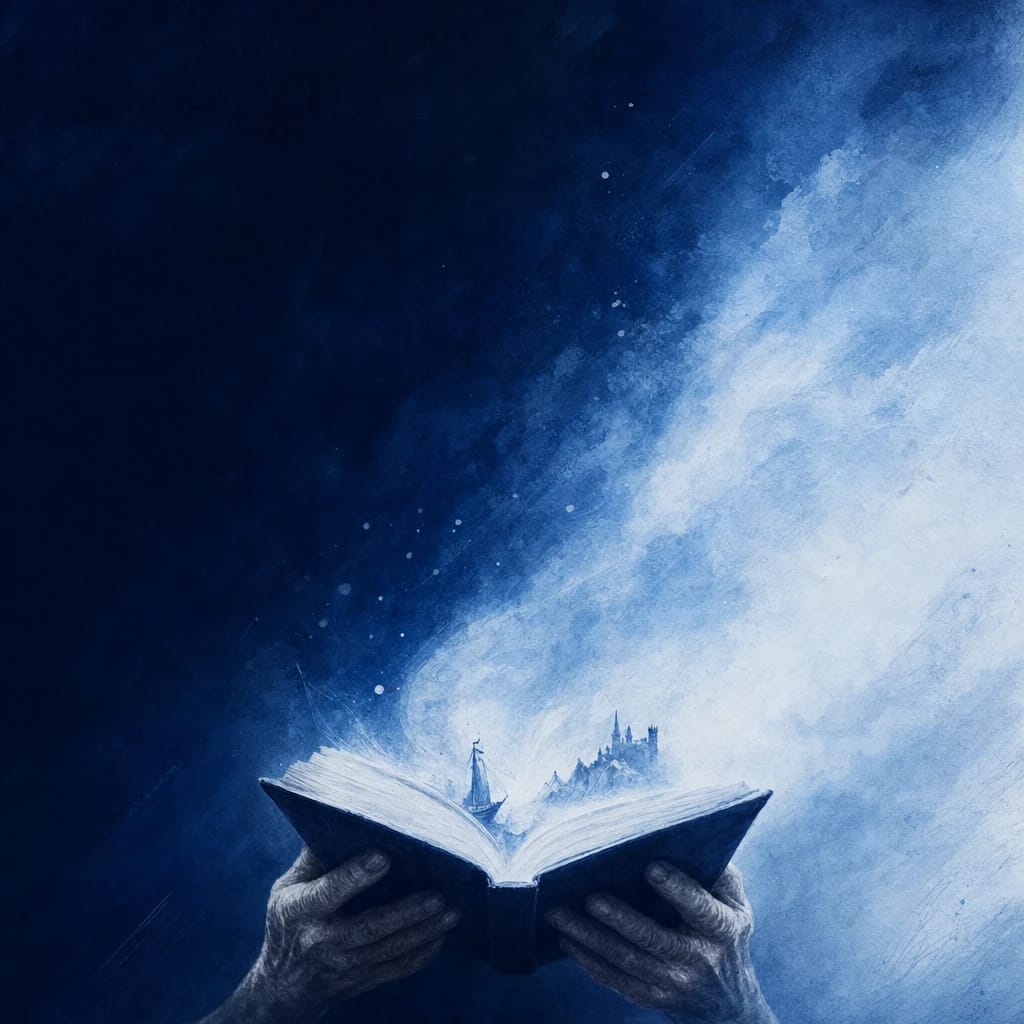 Stylized scene featuring an elderly woman's hands holding an open storybook, rendered in #DFE8F3 and #020A2F