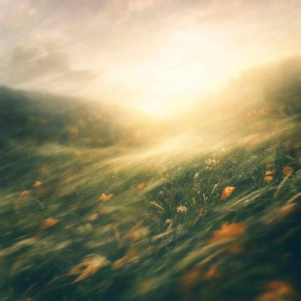 Stylized scene featuring dew-kissed grass in soft morning light, with scattered autumn leaves like clippings, rendered in deep forest green, off-white, and warm orange