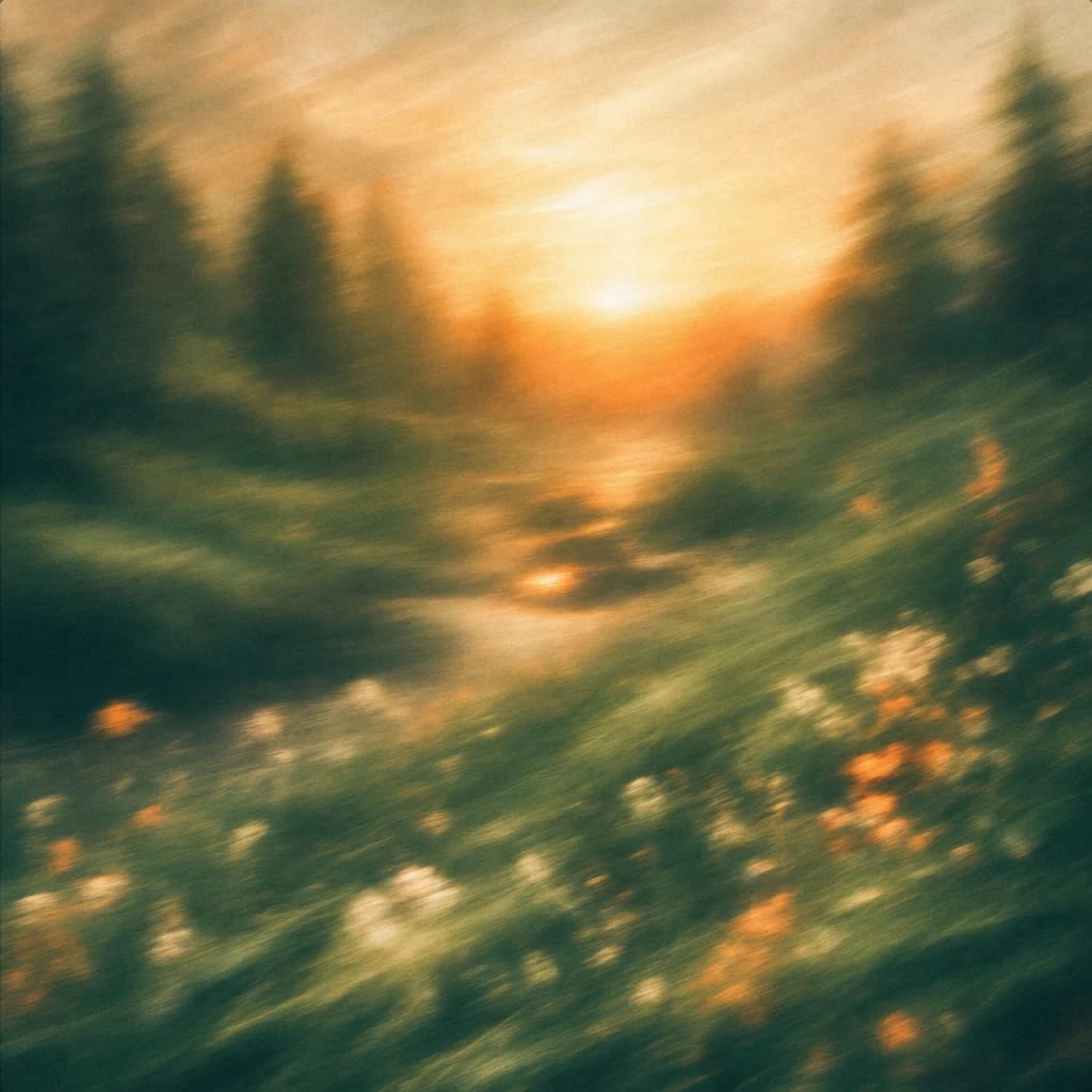 Stylized scene featuring sunset-lit forest glade with soft wildflowers, rendered in deep forest green, off-white, and warm orange