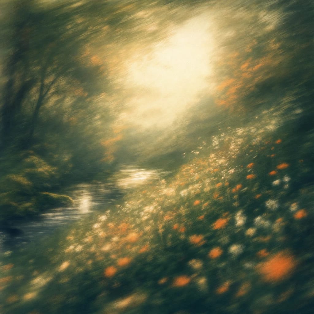 Stylized scene featuring sun-dappled forest glade with soft moss and blooming wildflowers, rendered in deep forest green, off-white, and warm orange