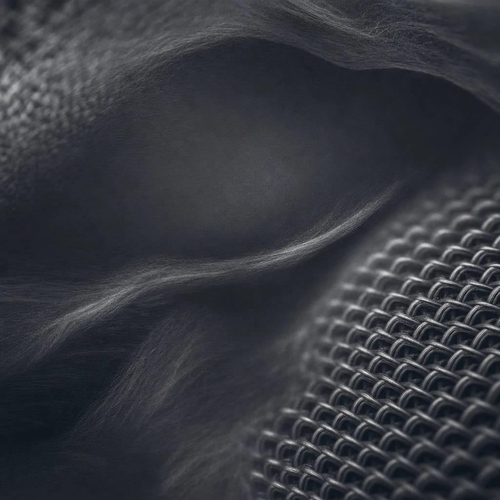 Stylized scene featuring a close-up of a lapel microphone mesh, rendered in charcoal gray #41454A