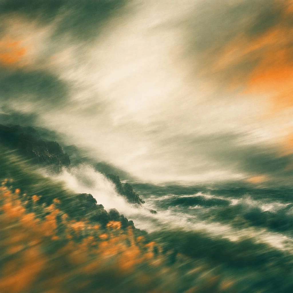 Stylized scene featuring roiling ocean waves crashing against jagged rocks under a stormy sky, rendered in deep forest green, off-white, and warm orange