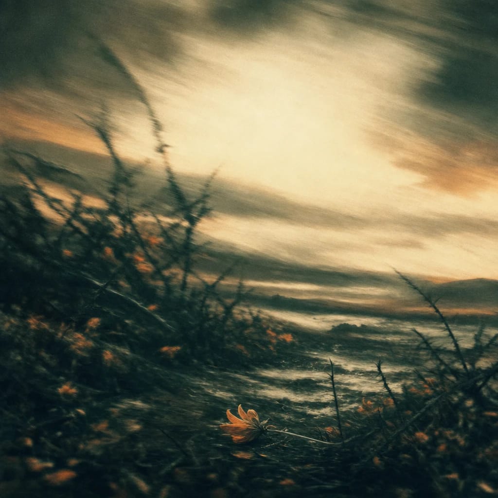 Stylized scene featuring a dark, tangled thicket of thorny bushes with a lone, trampled flower, rendered in deep forest green, off-white, and warm orange