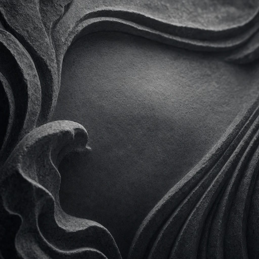 Stylized scene featuring weathered bas-relief carving in stone, rendered in charcoal gray #41454A