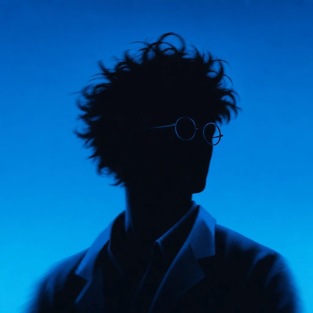 Stylized scene featuring a wild-haired scientist with round glasses and a lab coat, rendered in #004CB6