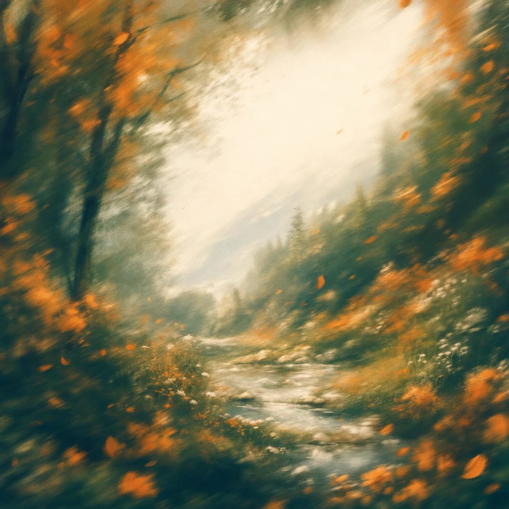 Stylized scene featuring sun-dappled woodland with curling autumn leaves and patches of bright wildflowers, rendered in deep forest green, off-white, and warm orange