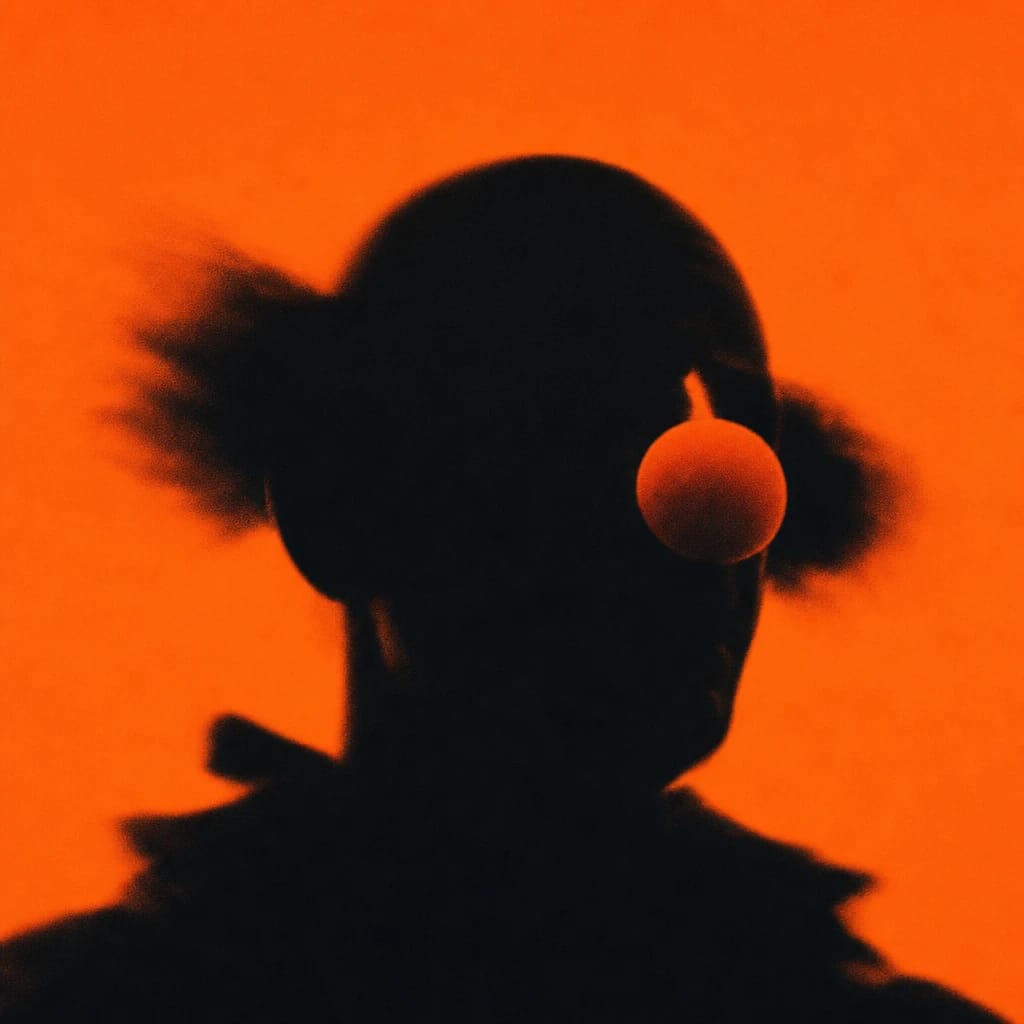Stylized scene featuring a clown’s face with a big red nose, slightly soft-focused, rendered in #F76D3F