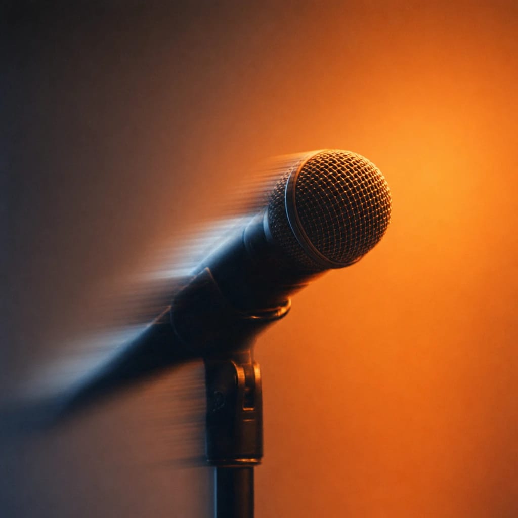 Stylized scene featuring a microphone on a stand, softly lit with a blurry concert stage behind, rendered in deep green, gray