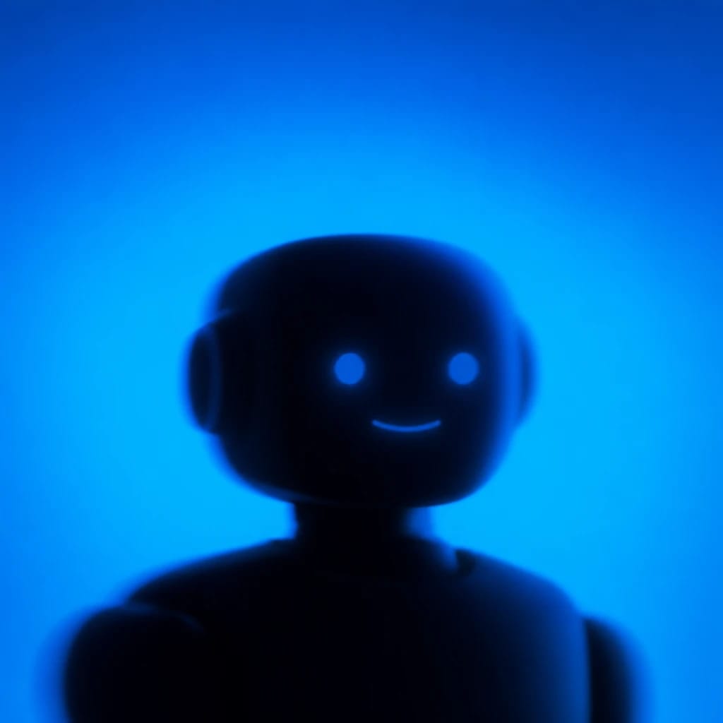 Stylized scene featuring a friendly robot, softly out of focus, rendered in #004CB6