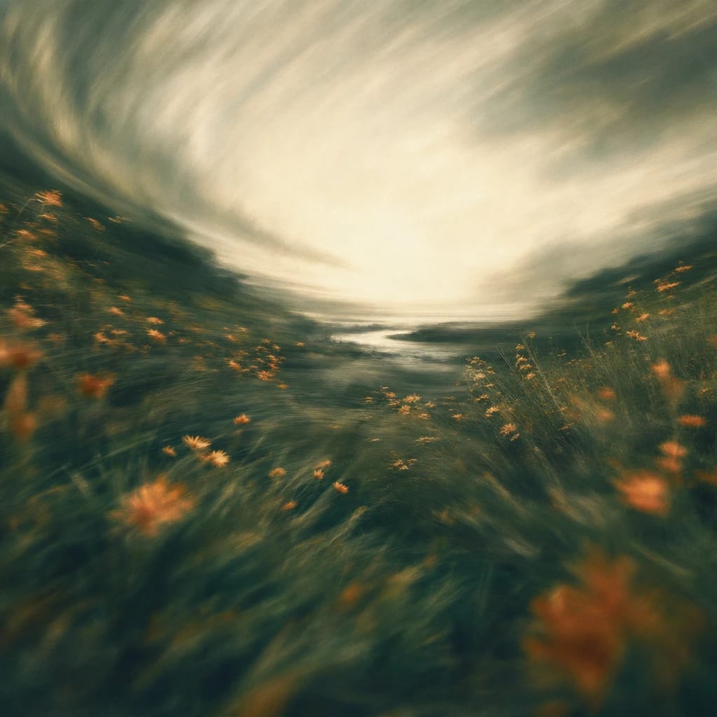 Stylized scene featuring a wild overgrown meadow of tangled grasses and orange wildflowers under a twisting sky, rendered in deep forest green, off-white, and warm orange