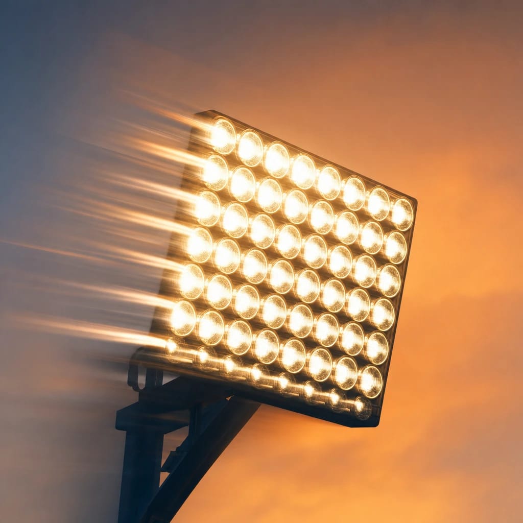 Stylized scene featuring a stadium floodlight, softly aglow in the dusk, rendered in deep green, gray