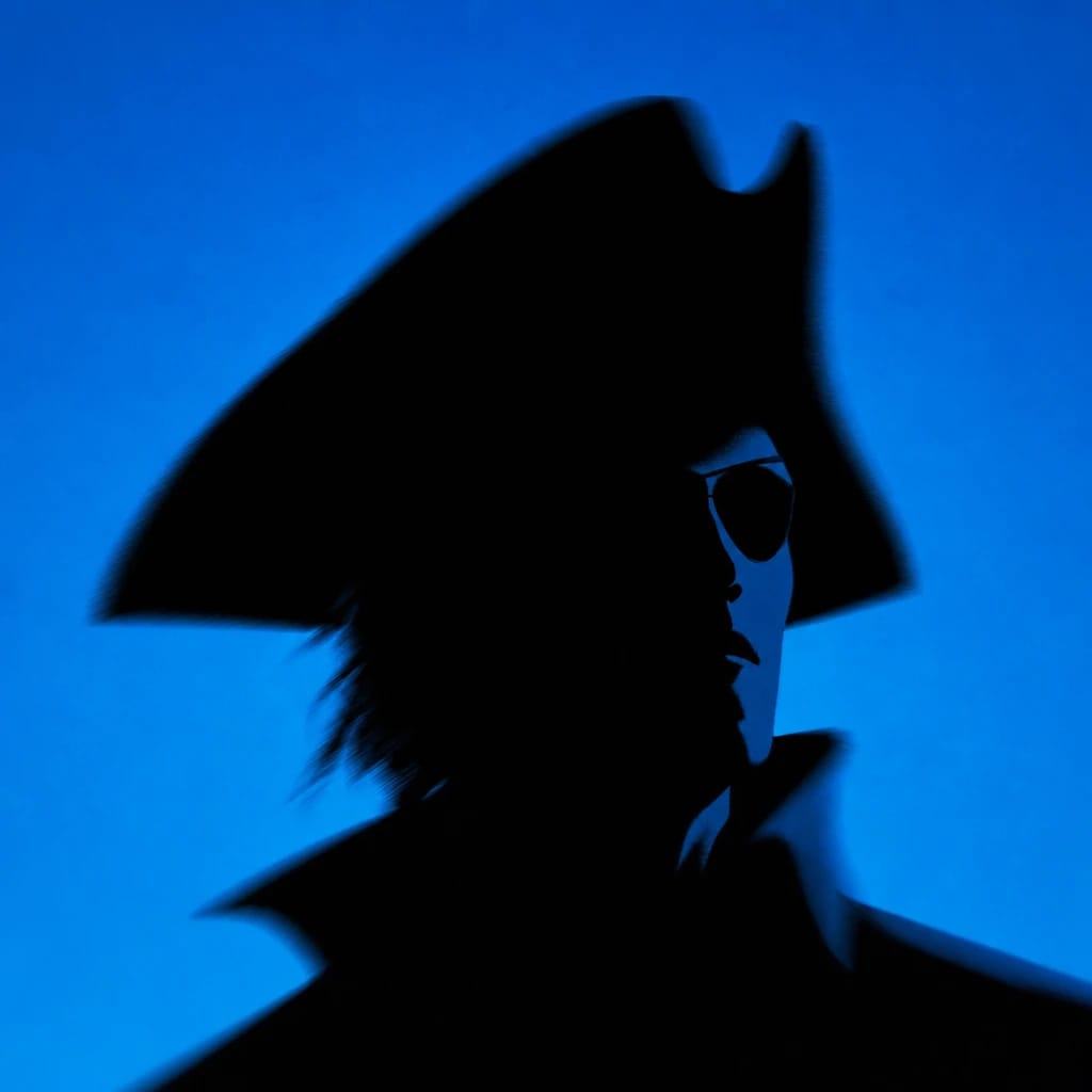 Stylized scene featuring a classic pirate with a tricorn hat and eyepatch, slightly blurred, rendered in #004CB6