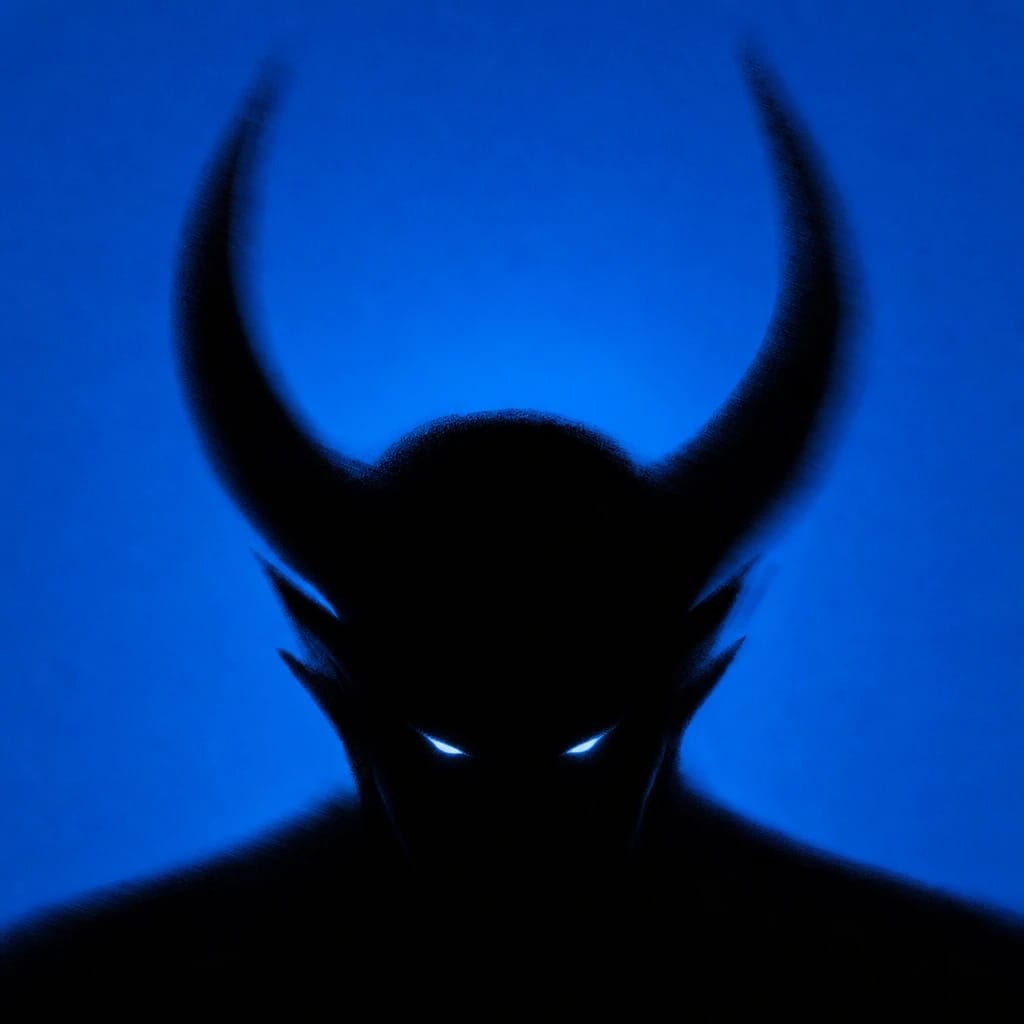 Stylized scene featuring a horned demonic figure with glowing eyes, rendered in #004CB6
