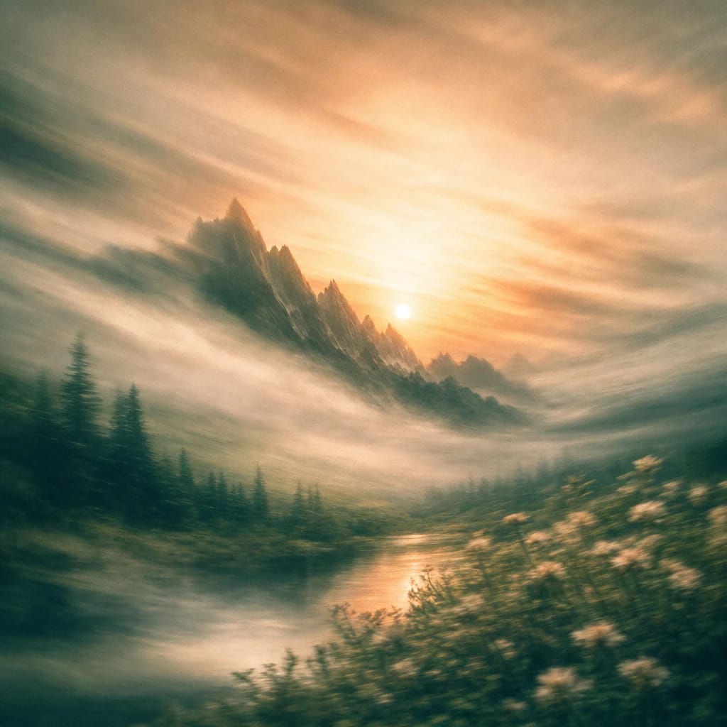 Stylized scene featuring jagged mountain ridge breaking through misty forest at sunrise, rendered in deep forest green, off-white, and warm orange