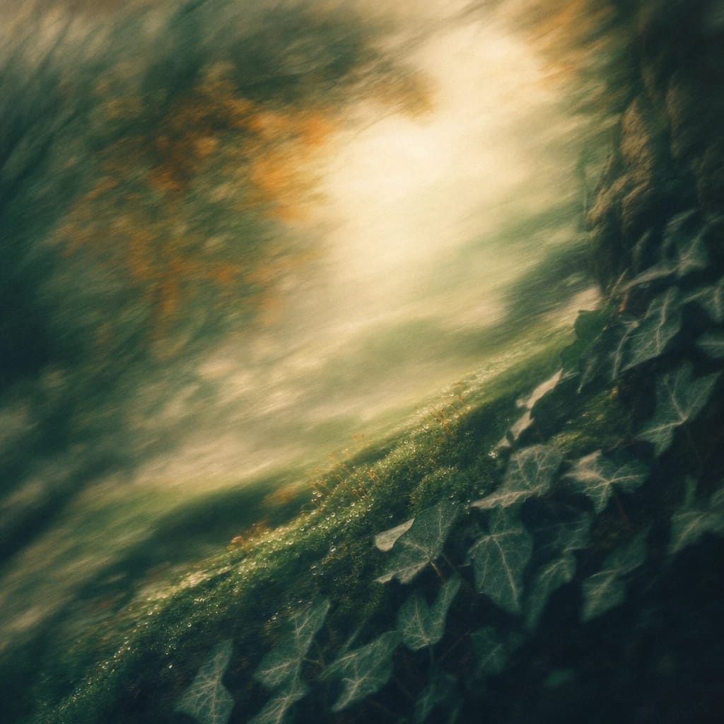 Stylized scene featuring dew-speckled moss and dark ivy climbing along a shadowy forest floor, rendered in deep forest green, off-white, and warm orange