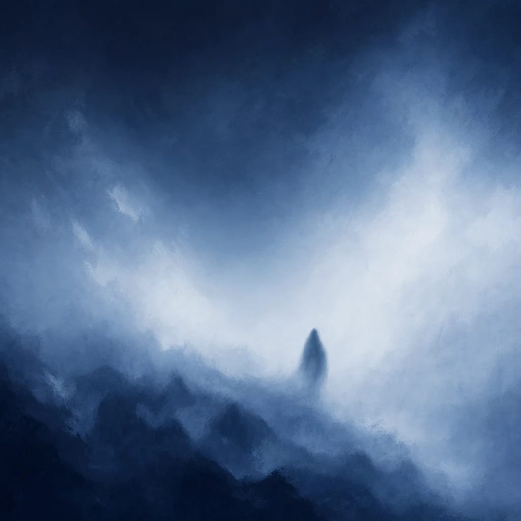 Stylized scene featuring a ghostly silhouette emerging from fog, rendered in #DFE8F3 and #020A2F