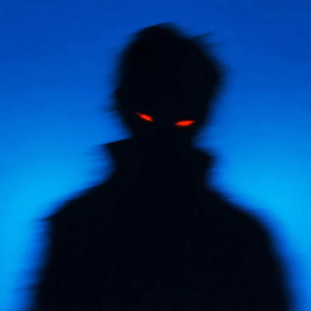 Stylized scene featuring a shadowy, blurry silhouette with glowing red eyes, rendered in #004CB6